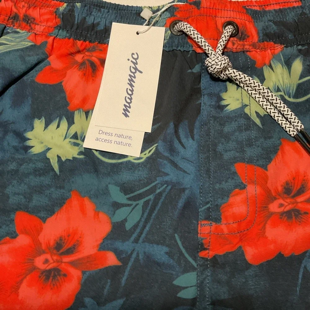 Maamgic‎ Mens XXL Swim Trunks Tropical Floral Hibiscus Board Shorts Red Teal NEW
